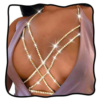 Nicute Rhinestone Body Chain Jewelry Gold Bra Jewelry Bling Plus Size Body Chains for Women - color: Gold