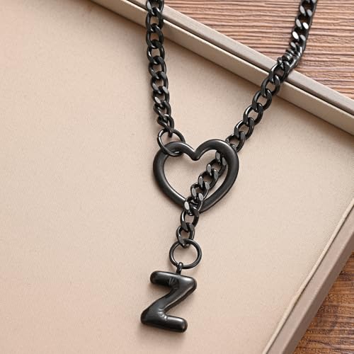 sroyte Black Heart Slip Chain Initial Necklaces for Women,Stainless Steel O-Ring Adjustable Lariat Heart Y-Necklace,Punk Gothic Cuban Collar Choker Necklace for women - color: Black Z