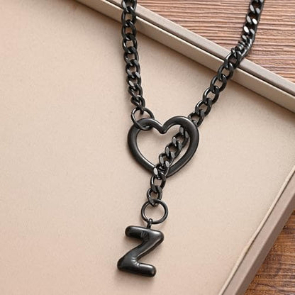 sroyte Black Heart Slip Chain Initial Necklaces for Women,Stainless Steel O-Ring Adjustable Lariat Heart Y-Necklace,Punk Gothic Cuban Collar Choker Necklace for women - color: Black Z