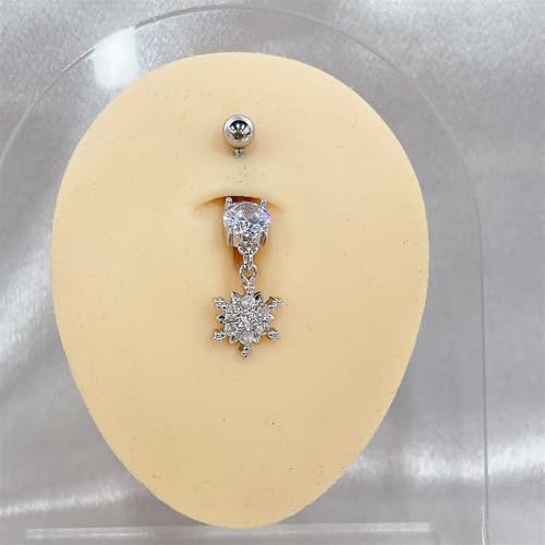 Crystal Snowflake Belly Button Rings for Women Stainless Steel Christmas Dangle Navel Ring Cubic Zirconia Floral Curved Barbell Body Piercing Jewelry - color: Silver