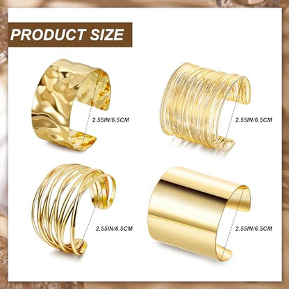 4Pcs Chunky Gold Cuff Bracelects for Women Gold Bangles Irregular Minimalist Statement Bangle Bracelets Set Open Wide Bangle Upper Arm Cuff Jewelry - color: Gold-B