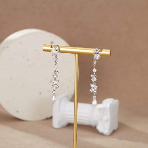 Crysdue Simulated Pearl Earrings for Women, Dainty Silver/Gold/Rose Gold Plated Cubic Zirconia Drop Dangle Earrings Wedding Jewelry for Bride Bridesmaid - style: b_CZ+Pearl, Silver