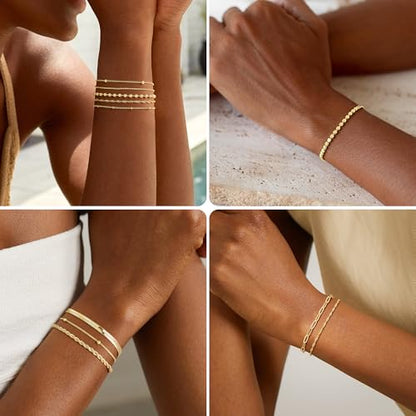Gold Bracelet for Women, Waterproof Jewelry,5PCS | 14K Gold Plated Bracelets Stacks Non-Tarnish, Lightweight & Comfy, Trendy Adjustable Dainty Links, Women’s Jewelry Gift - color: 5 pcs-Box+Satellite+Lip+Paperclip+Flat bead