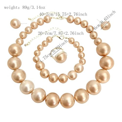 White Faux Pearl Necklace and Earrings Set Big Large Pearl Bead Ball Beaded Choker Necklace Black Pink Pearls Statement Bracelet Ring for Women - color: champagne