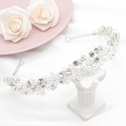 Oriamour Bridal Headband Crystal Tiara for Women Pearl Wedding Headpieces for Bride Hair Accessories for Prom Birthday Party