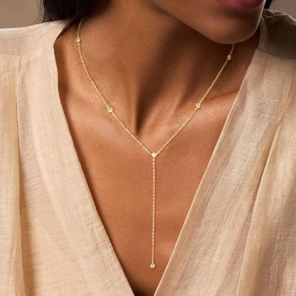 Lariat Necklace for Women, Dainty Long Necklaces, 14k Gold/Silver Plated Y-Shaped Drop Chain Necklace, Simple Layered Necklaces, Trendy Jewelry Gifts - style: Five CZ Y Necklace-Gold