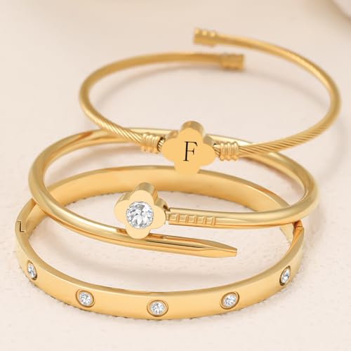 14K Gold Plated Personalized Flower Bracelet Set with Initial Charm Trendy Stackable Jewelry for Women - style: style1 F