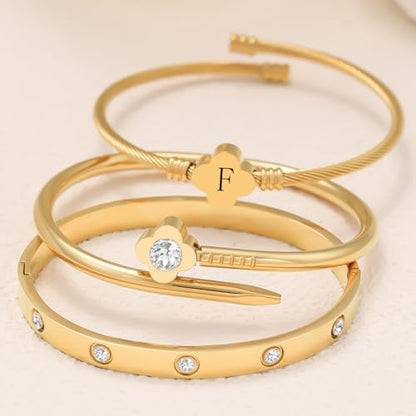 14K Gold Plated Personalized Flower Bracelet Set with Initial Charm Trendy Stackable Jewelry for Women - style: style1 F