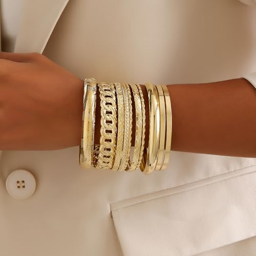 Gold Bangles for Women, 12 Pcs Boho Stackable Bracelets Multi Layer Textured Chunky Bracelets Jewelry Set for Women - color: Style E- 10 pcs gold