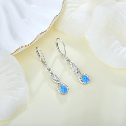 Created Opal Earrings 925 Sterling Silver Leverback Drop Dangle Earrings 5A Cubic Zirconia Jewelry for Women - color: C blue opal