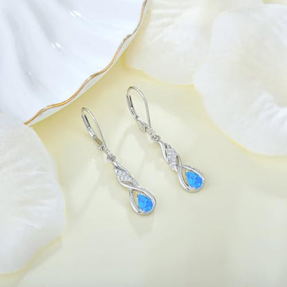 Created Opal Earrings 925 Sterling Silver Leverback Drop Dangle Earrings 5A Cubic Zirconia Jewelry for Women - color: C blue opal