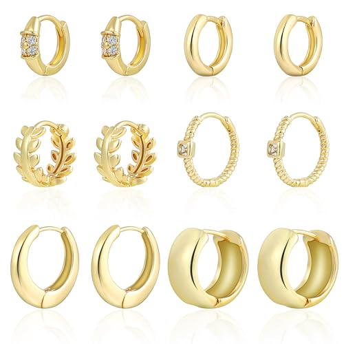 HILXURY 6 Pairs Small Gold Huggie Hoop Earrings for Women, 14K Gold Plated Cartilage Piercings Hoop Earrings Hypoallergenic, Trendy Lightweight Chunky Hoops Set for Women Gifts. - color: A- Gold