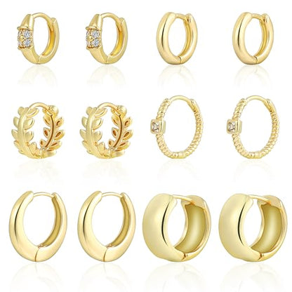 HILXURY 6 Pairs Small Gold Huggie Hoop Earrings for Women, 14K Gold Plated Cartilage Piercings Hoop Earrings Hypoallergenic, Trendy Lightweight Chunky Hoops Set for Women Gifts. - color: A- Gold