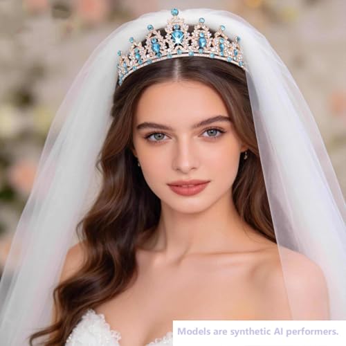 Kamirola - Queen Crown and Tiaras Princess Crown for Women Crystal Headbands for Bridal, Princess for Wedding and Party - color: Gold& LT Blue