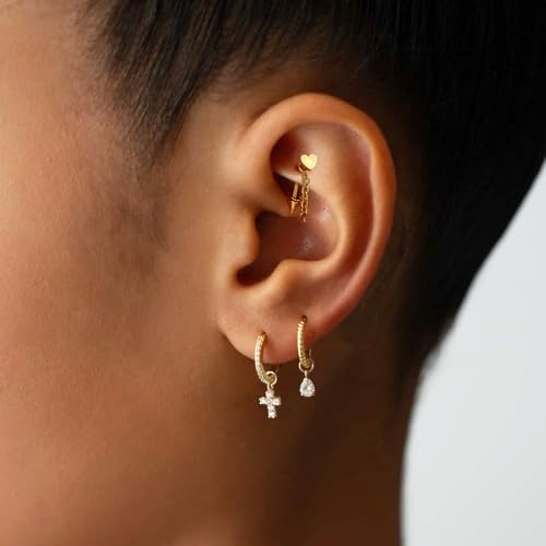 3 Pcs 316L Stainless Steel 16G Tragus Helix Rook Piercing Jewelry with Chain, Cartilage Earrings for Women, Belly Button Ring Vertical Labret Lip Piercing Jewelry - color: Gold, size: Heart