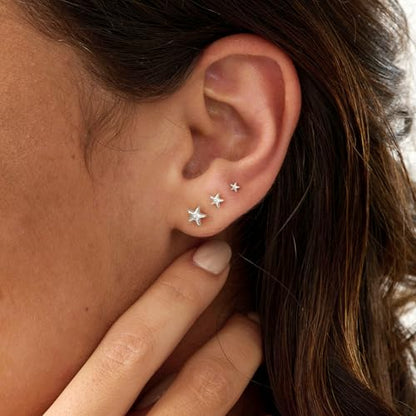 3 Pair Tiny Flat Back Earrings for Women - 14K Gold/White Gold Plated Dainty Cute Small Screw Flatback Stud Earring, Everyday Wear Gift - color: Star Flat-4/5/6mm Silver