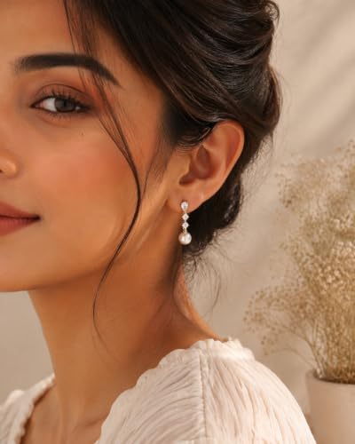 Pearl Earrings for Women, 14k Gold Plated Trendy Diamond Pearl Drop Earrings Hypoallergenic Dainty Bridal Gifts Wedding jewelry for Women - color: Silver-Pearl Style C