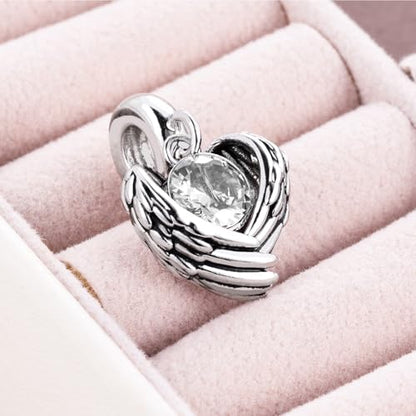 KunBead Guardian Angel Heart Wings Birthstone Dangle Birthday Charms Compatible with Pandora Charm Bracelet for Women - color: White