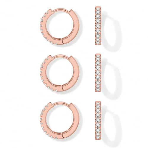 micuco 3 Pairs Small Hoop Earrings Tiny Cartilage Earrings for Women Men | Cubic Zirconia Earrings Huggie Hoop Ear Piercing Earrings for 8mm 10mm 12mm - color: 12# Rose Gold 10-10-10mm