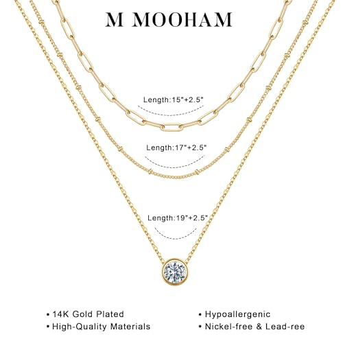 M MOOHAM Layered Gold Necklaces Stack for Women No Tarnish | 14K Gold Plated, Stackable Pendant Necklace Set, Snake Rope Cuban Paperclip Chain, CZ Coin Pendant, Dainty Jewelry Gifts - color: 3 Layered Paperclip Satellite CZ Pendant-Gold
