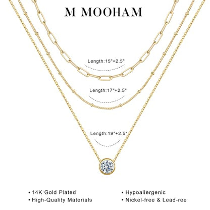 M MOOHAM Layered Gold Necklaces Stack for Women No Tarnish | 14K Gold Plated, Stackable Pendant Necklace Set, Snake Rope Cuban Paperclip Chain, CZ Coin Pendant, Dainty Jewelry Gifts - color: 3 Layered Paperclip Satellite CZ Pendant-Gold