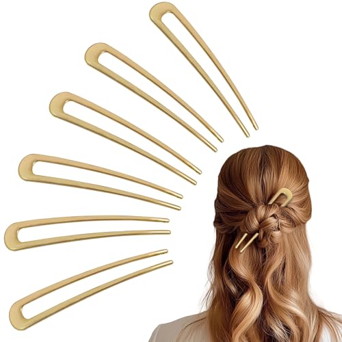 6Pcs Metal French Hair Pins for Women U Shape Sticks 3.9 Inch Vintage Fork for Hairstyle Accessories(Gold) - color: Gold