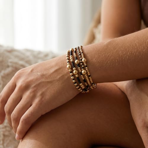 Gold Small Ball Seed Bead Stackable Bracelets Set For Women, Stretch Accessories Handmade Dainty, Daily Party Friendship Gift - color: Black