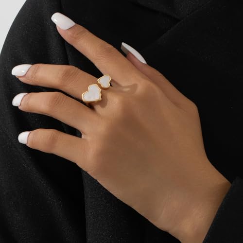 Retro Enamel Double Hearts Open Statement Ring for Women Fashion Simple Asymmetry Love Hearted Wrap Finger Knuckle Adjustable Bands Rings Gold Plated Wedding Eternity Promise Engagement Jewelry - color: White
