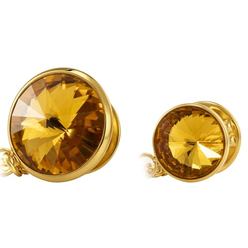 HAWSON Birthstone Brooch Pin for Men with Hanging Chain & Crystal, Mens Gold Tone Lapel Pin for Wedding/Birthday/Party Dress Suits Accessories - color: November Citrine