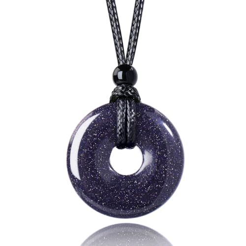 FANASY Natural Gemstone Pendant Necklce Lucky Coin Crystal Necklace Protection Donut Pendnat with Adjustable Rope for Men Women - color: Blue Sandstone