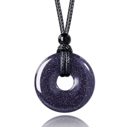 FANASY Natural Gemstone Pendant Necklce Lucky Coin Crystal Necklace Protection Donut Pendnat with Adjustable Rope for Men Women - color: Blue Sandstone