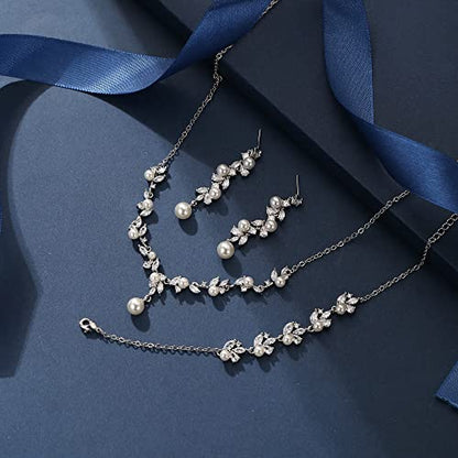 EleQueen Women's Simulated Pearl Wedding Jewelry Set for Brides | Cubic Zirconia Necklace Earrings Bracelet Set for Brides Bridesmaids, Bridal Jewelry Set for Anniversary/Memorial Day - style: Pearl Necklace Earrings Bracelet