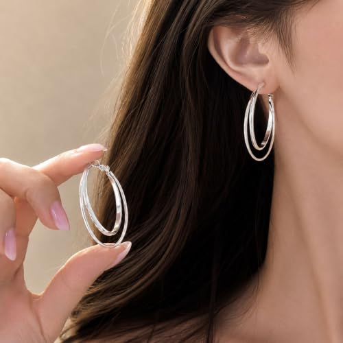 Double Hoop Earrings for Women Double Oval Gold and Silver Tone Statement Hoops for Party Vacation Outfits Birthday Gift - color: A1:silver