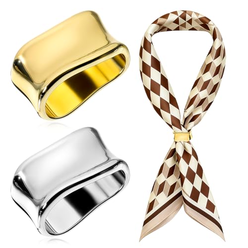 2 Pcs Scarf Clip Oblate Silk Scarf Ring Brooch Gold & Silver Metal Clips Shawl Slide Buckle Scarfs Wrap Clasp Clip Rings Brooches Fashion Accessory for Shawls and Scarves