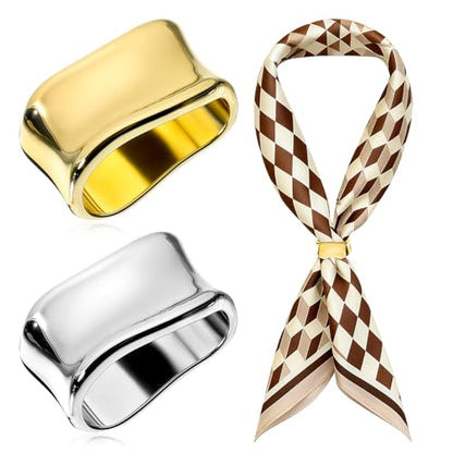 2 Pcs Scarf Clip Oblate Silk Scarf Ring Brooch Gold & Silver Metal Clips Shawl Slide Buckle Scarfs Wrap Clasp Clip Rings Brooches Fashion Accessory for Shawls and Scarves