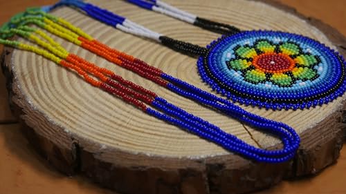 Handmade Native American Style Tribal ethnic Seed Bead Beaded Layered Medallion Necklace - color: Blue Floral