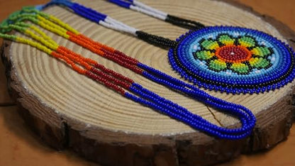 Handmade Native American Style Tribal ethnic Seed Bead Beaded Layered Medallion Necklace - color: Blue Floral