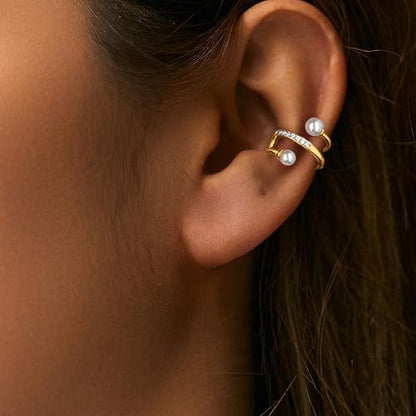 S925 Sterling Silver Pearl Ear Cuff Earrings for Women Mom Dainty 14K Gold Plated Pearl Wrap Earring Ear Cuff Non Piercing Clip-On Cartilage Earring Mothers Day Birthday Wedding Jewelry Gifts - color: Gold