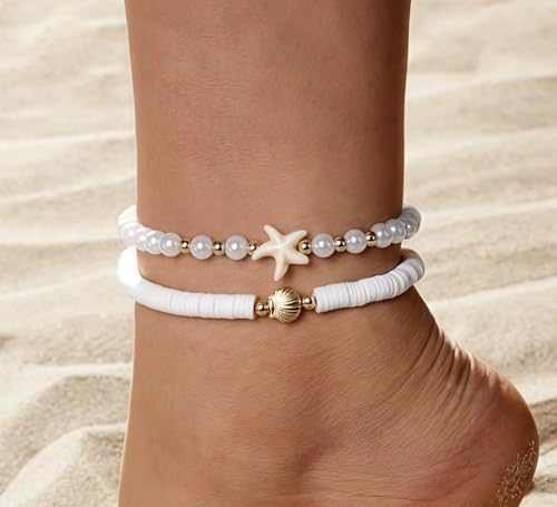 Faux Pearl Beaded Anklet Boho Starfish Soft Pottery Elastic Ankle Bracelets for Women Hawaiian Beach Vacation Surfing Ornament for Daughter Summer Waterproof Stretchy Stackable Anklet Gift 2PCS