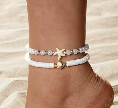 Faux Pearl Beaded Anklet Boho Starfish Soft Pottery Elastic Ankle Bracelets for Women Hawaiian Beach Vacation Surfing Ornament for Daughter Summer Waterproof Stretchy Stackable Anklet Gift 2PCS