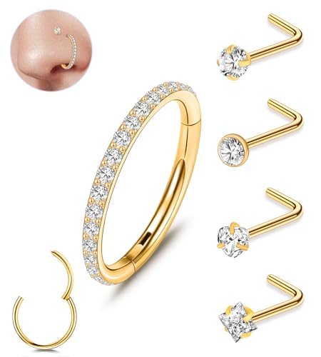 23-40 Pcs Gold Nose Rings & Studs - 18G & 20G Nose Piercing Jewelry - L Shape, Hoop & Screw Body Jewelry for Women & Men - color: Gold-20G-5Pcs