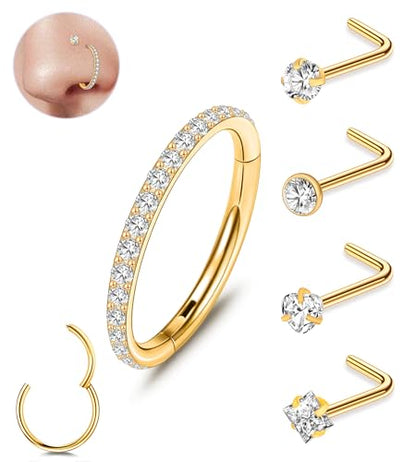 23-40 Pcs Gold Nose Rings & Studs - 18G & 20G Nose Piercing Jewelry - L Shape, Hoop & Screw Body Jewelry for Women & Men - color: Gold-20G-5Pcs