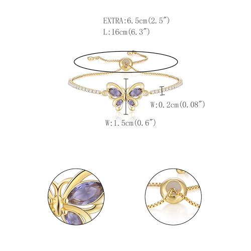 FANZE Gold Plated Cubic Zirconia Tennis Bracelets for Women Dainty Trendy Adjustable Bracelet Jewelry Gift for Ladies Wedding Mother Birthday Anniversary - style: purple Butterfly bracelet