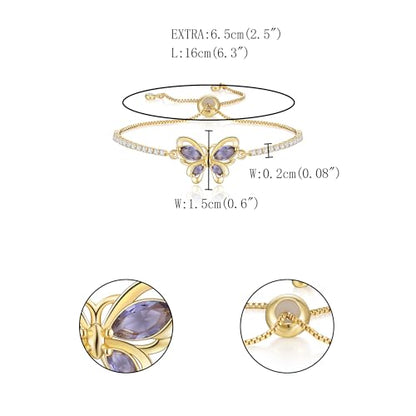 FANZE Gold Plated Cubic Zirconia Tennis Bracelets for Women Dainty Trendy Adjustable Bracelet Jewelry Gift for Ladies Wedding Mother Birthday Anniversary - style: purple Butterfly bracelet