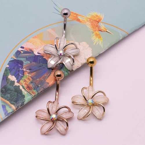 VERAMI 14G 316L Flower Belly Button Ring Surgical Steel Cute Flower Belly Button Ring Body Piercing Jewelry - color: SILVER & GOLD