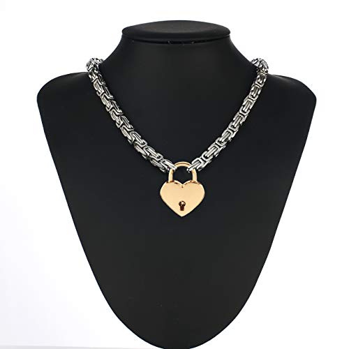 Heart Padlock Collar Stainless Steel Lock Necklace Byzantine Chain Necklace Locking Collar Choker for Men Women Jewelry - style: E