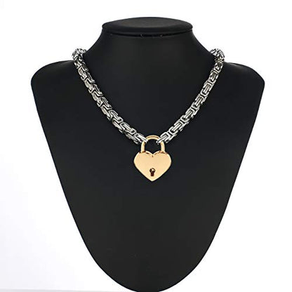 Heart Padlock Collar Stainless Steel Lock Necklace Byzantine Chain Necklace Locking Collar Choker for Men Women Jewelry - style: E