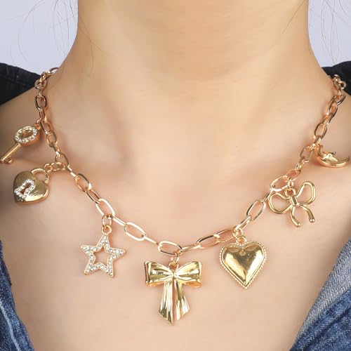 Charm Necklace for Women Gold Evil Eye Sun Moon Flower Coin Pendant Necklace Dainty Paperclip Chain Vintage Luck Amulet Choker Necklaces Celestial Jewelry Gift - style: 7 Charms- Bow, Star, Heart