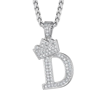 Richsteel Silver Crown Initial A-Z Letter Pendant Necklace for Men Women | Cubic Zirconia Monogram, 316L Steel Chain, 22" + 2" Extender,Hypoallergenic,Gift Box, Hip Hop Jewelry - style: D