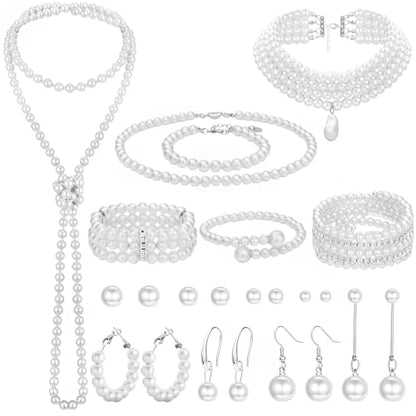 NEWITIN 23 Pieces Pearl Jewelry Set for Women Prom Costume Accessories | Hypoallergenic, Faux Pearl Necklaces Earrings Bracelets, Costume Jewelry Set for Wedding Birthday Bridal Shower Party